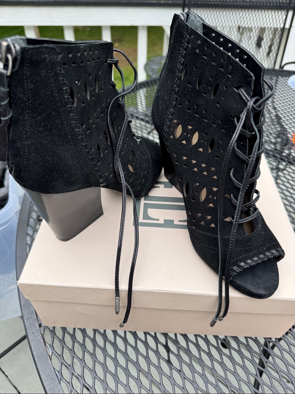 Ivanka Trump Black Suede Laser-Cut Lace-Up Peep-Toe Ankle Boots